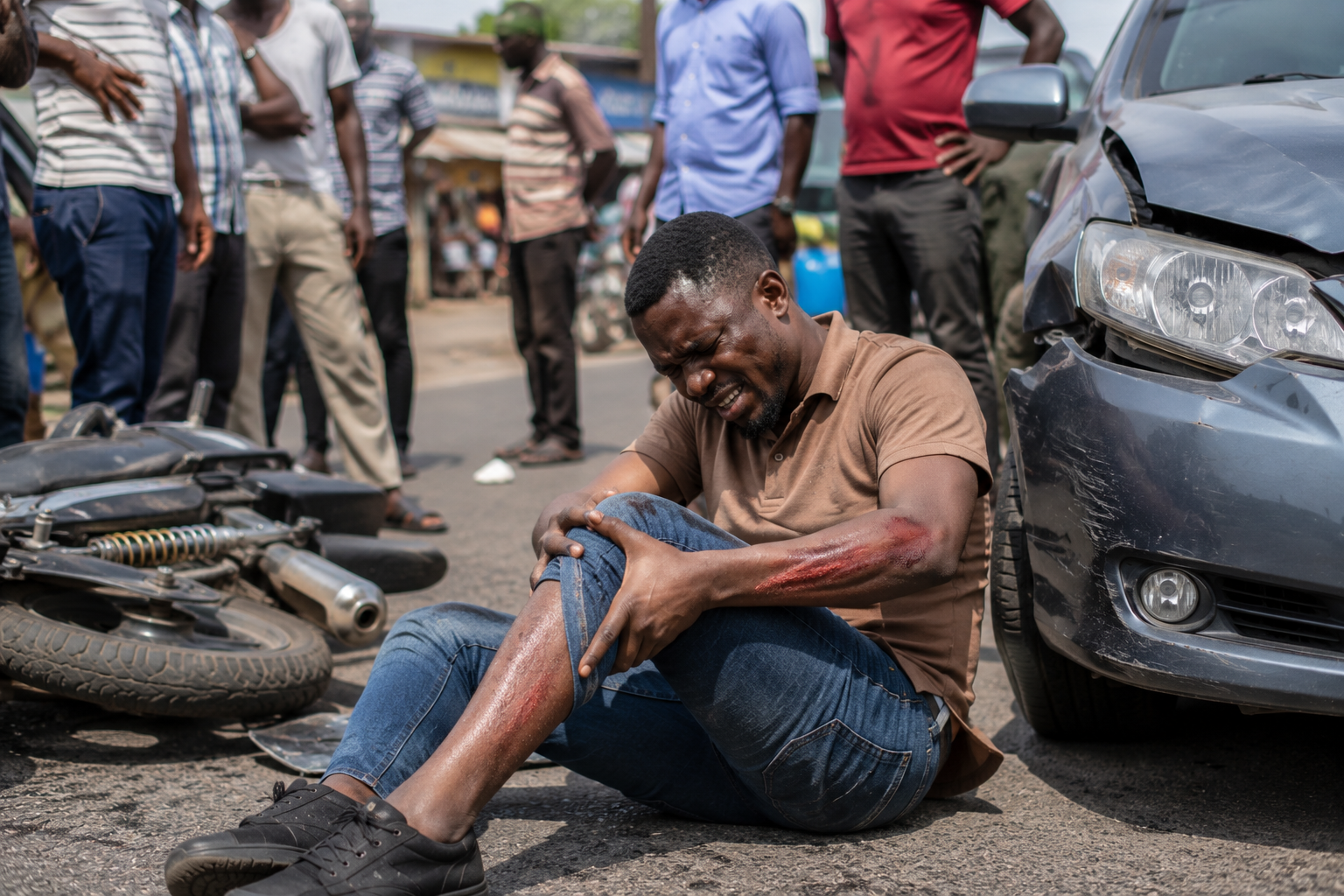 Accident claim support scene showing an injured motorist beside a damaged vehicle